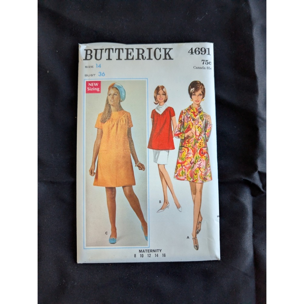 VTG 1968 Butterick 4691 Uncut Maternity Dress Top Size 14 Bust 36 Pattern